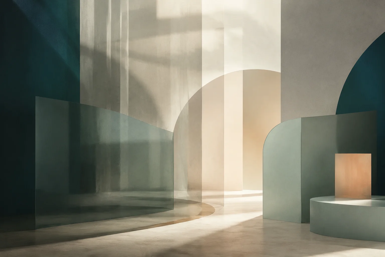 Abstrakte architektonische Formen in Petrol, Salbei und warmem Licht